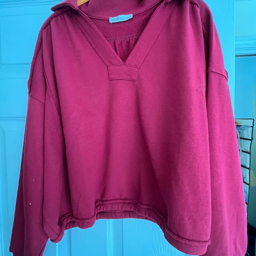 Zenana V-Neck Pullover Hoodie in Berry Plum NWOT
